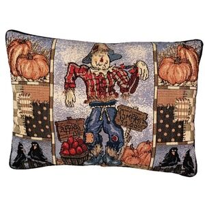 Fall Harvest Scarecrow Tapestry Throw Pillow 12 X 16 Pumpkins Apples Flaw